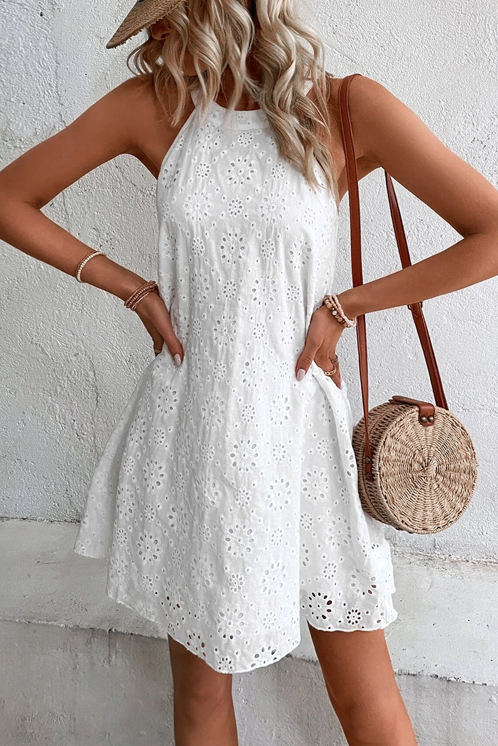 White Boho Eyelet Pattern Halter Neck Sleeveless Dress - Image 6