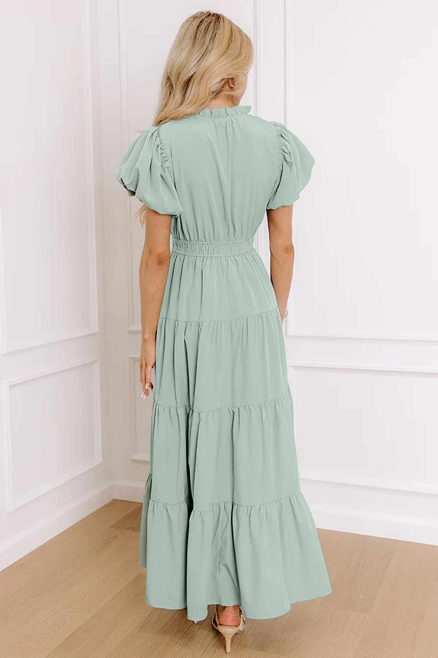 Gossamer Pink Solid Color V Neck Short Puff Sleeve High Waist Tiered Maxi Dress - Image 8