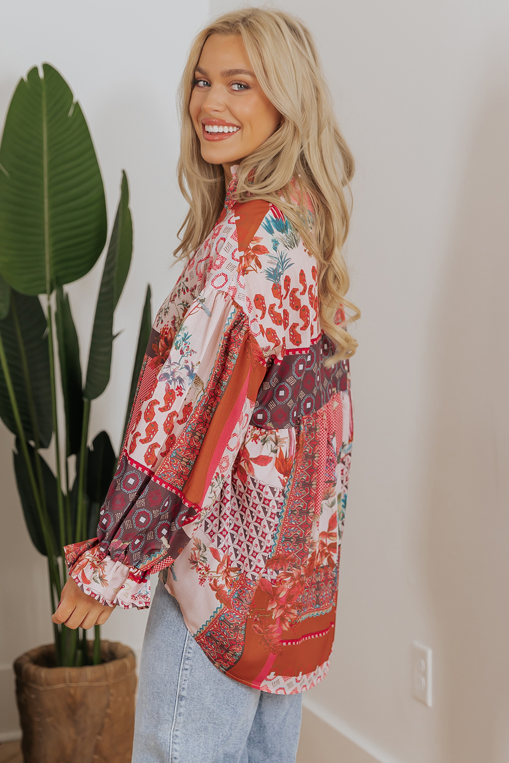Red Boho Geometric Mixed Print Patchwork Bubble Sleeve Shirt - Image 6