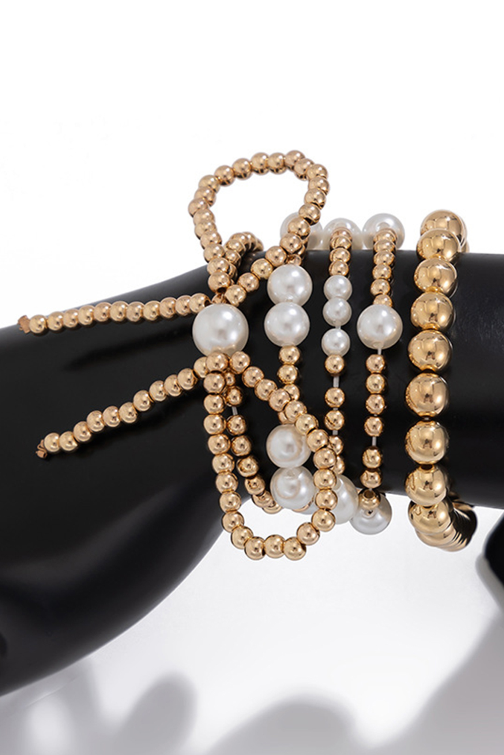 Gold Bow Knot Pearl Beaded Multi Layered Bracelet Set - Image 5
