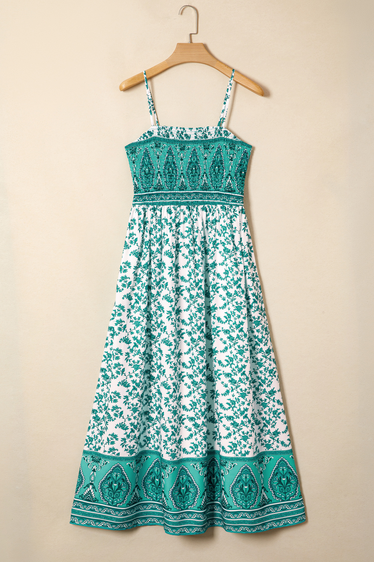 Green Boho Floral Print Shirred Cami Maxi Dress - Image 4