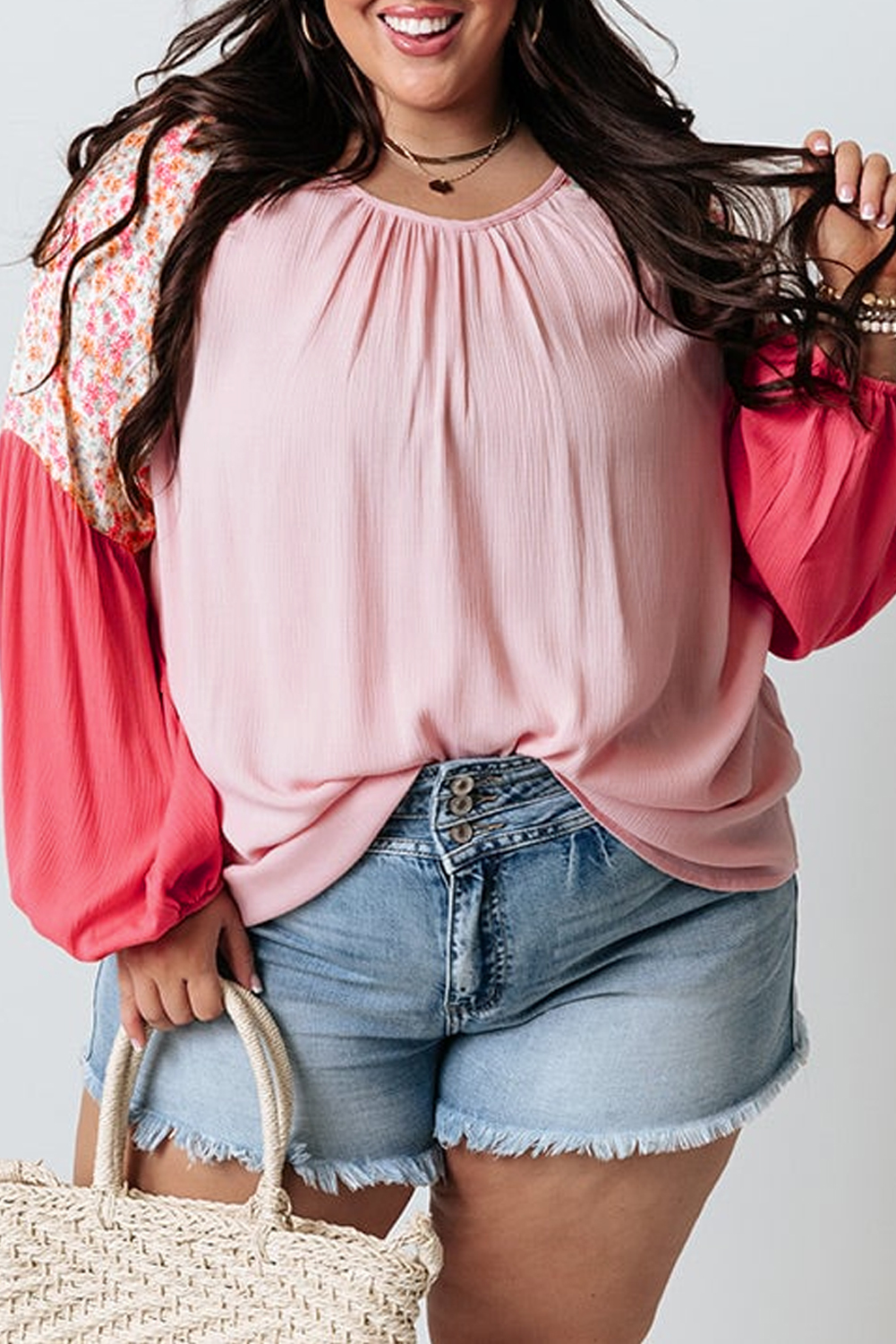 Pink Contrast Floral Patchwork Long Sleeve Plus Size Blouse - Image 8