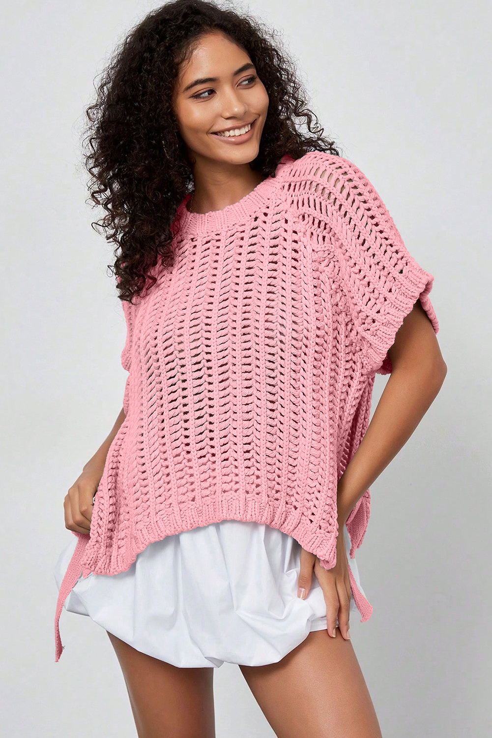 Ashleigh Blue Plus Size Open Knit Bow Tie Short Sleeve Sweater - Image 9