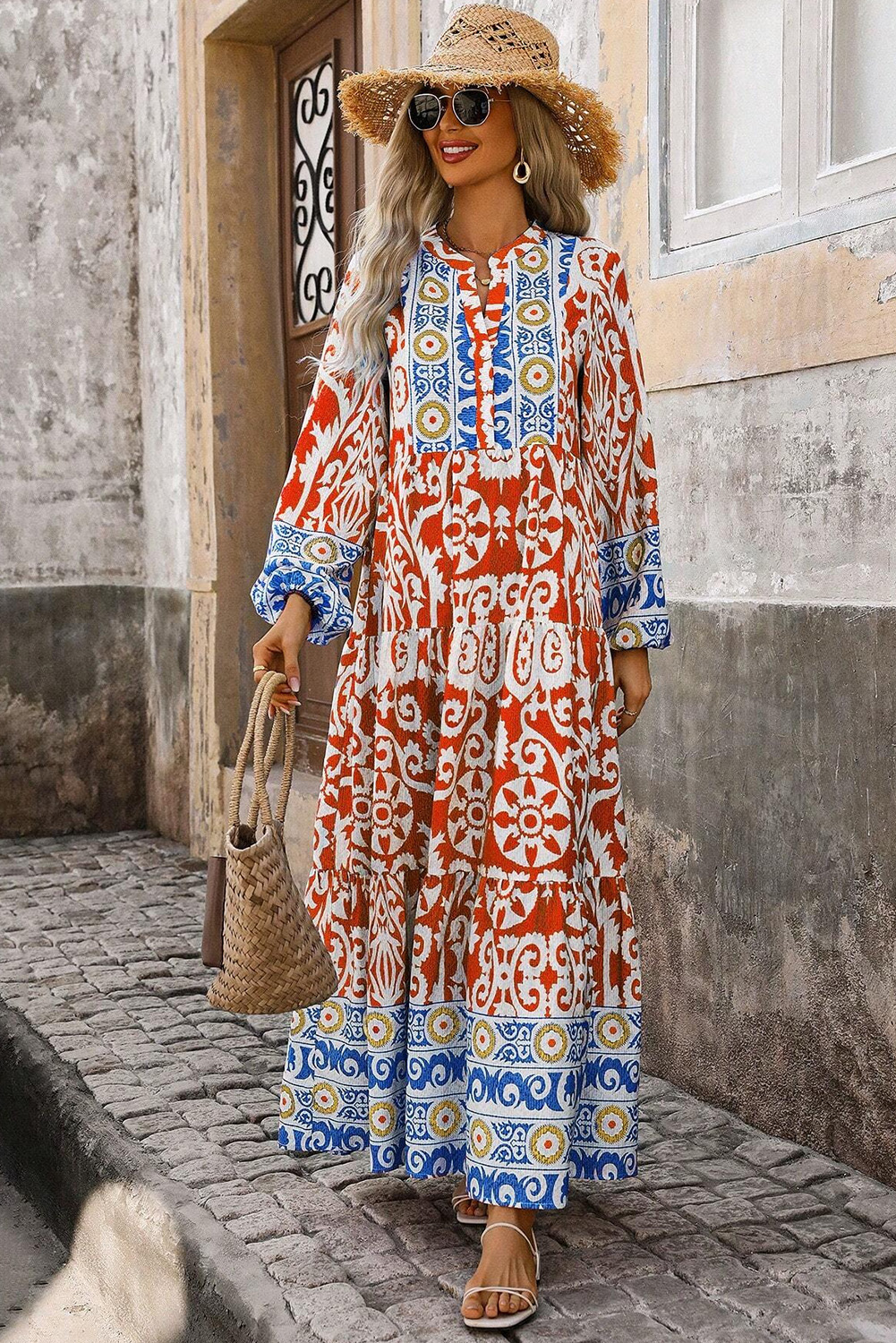 Orange Boho Geometric Printed Long Sleeve Maxi Dress - Image 5