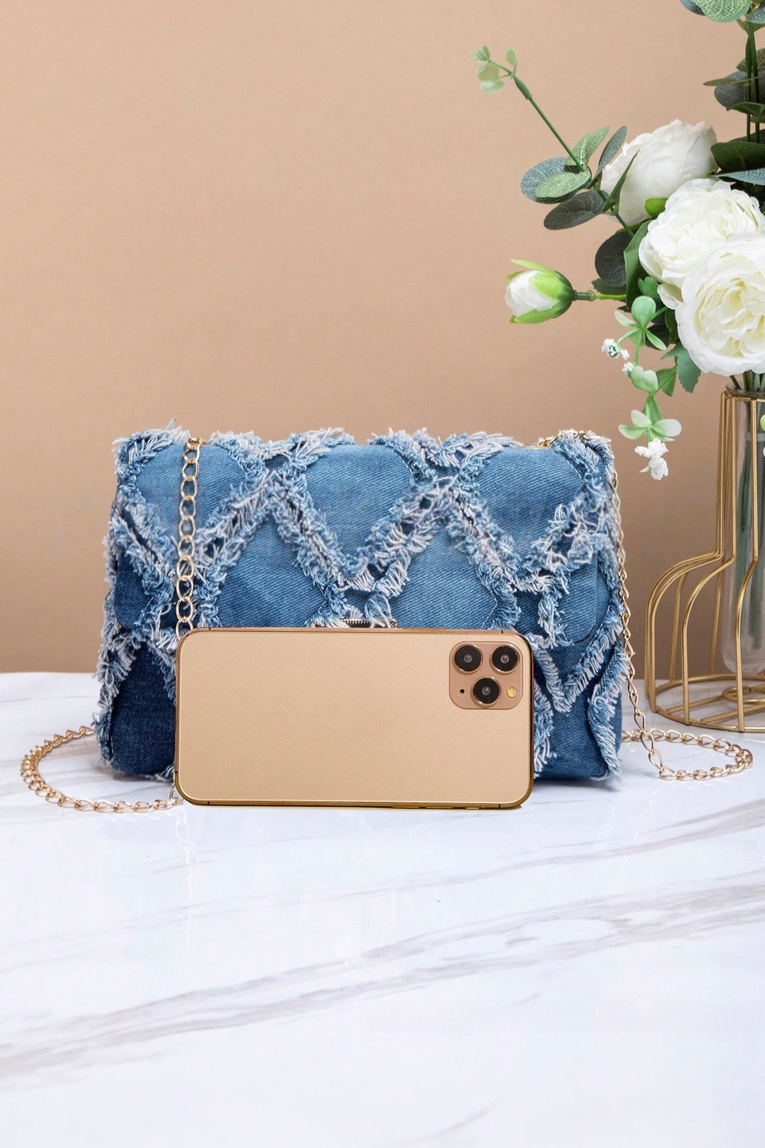 Blue Distressed Lattice Denim Chain Strap Shoulder Bag - Image 6