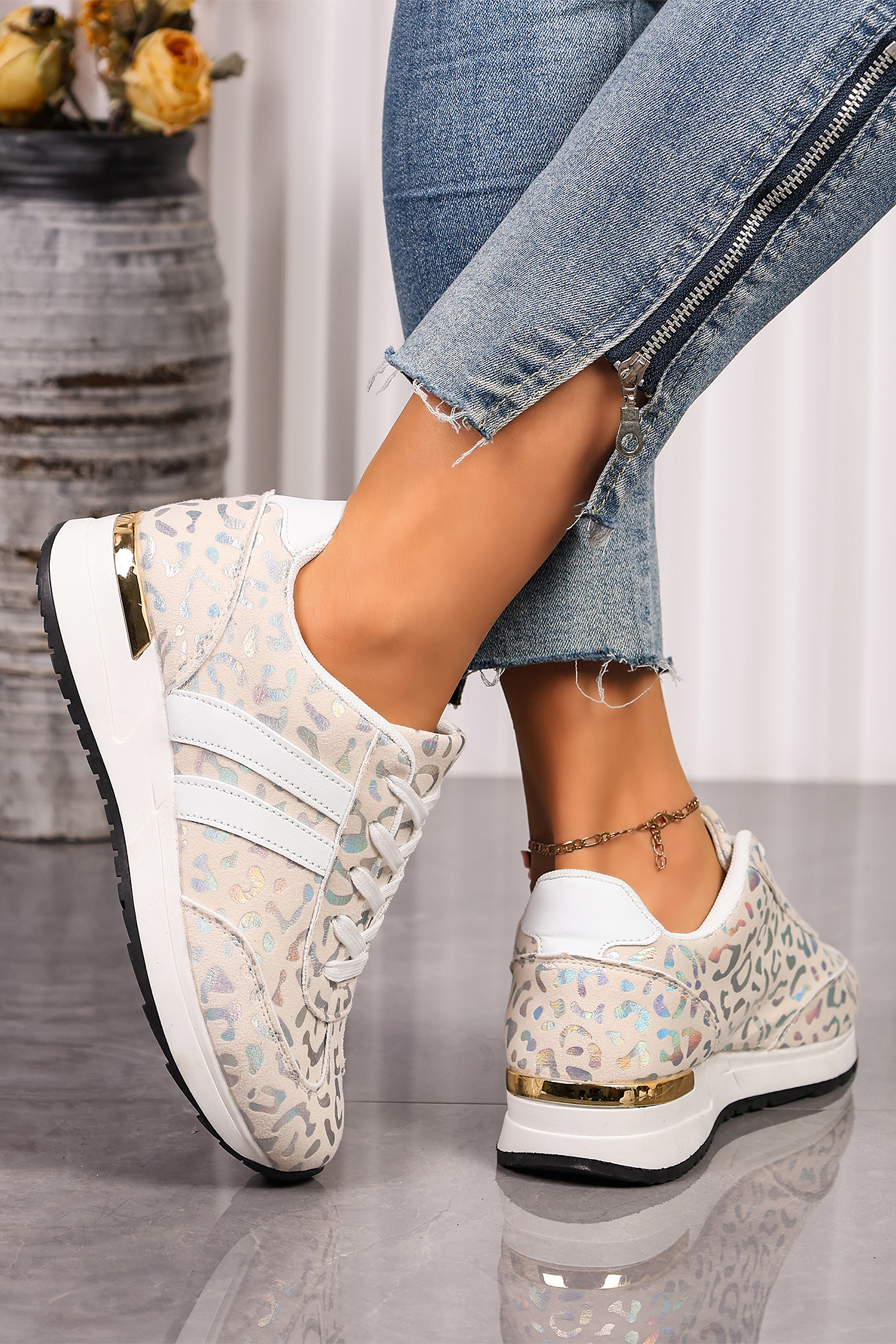 White Leopard Print Lace-Up Low-Top Sneakers with Rubber Sole - Image 2