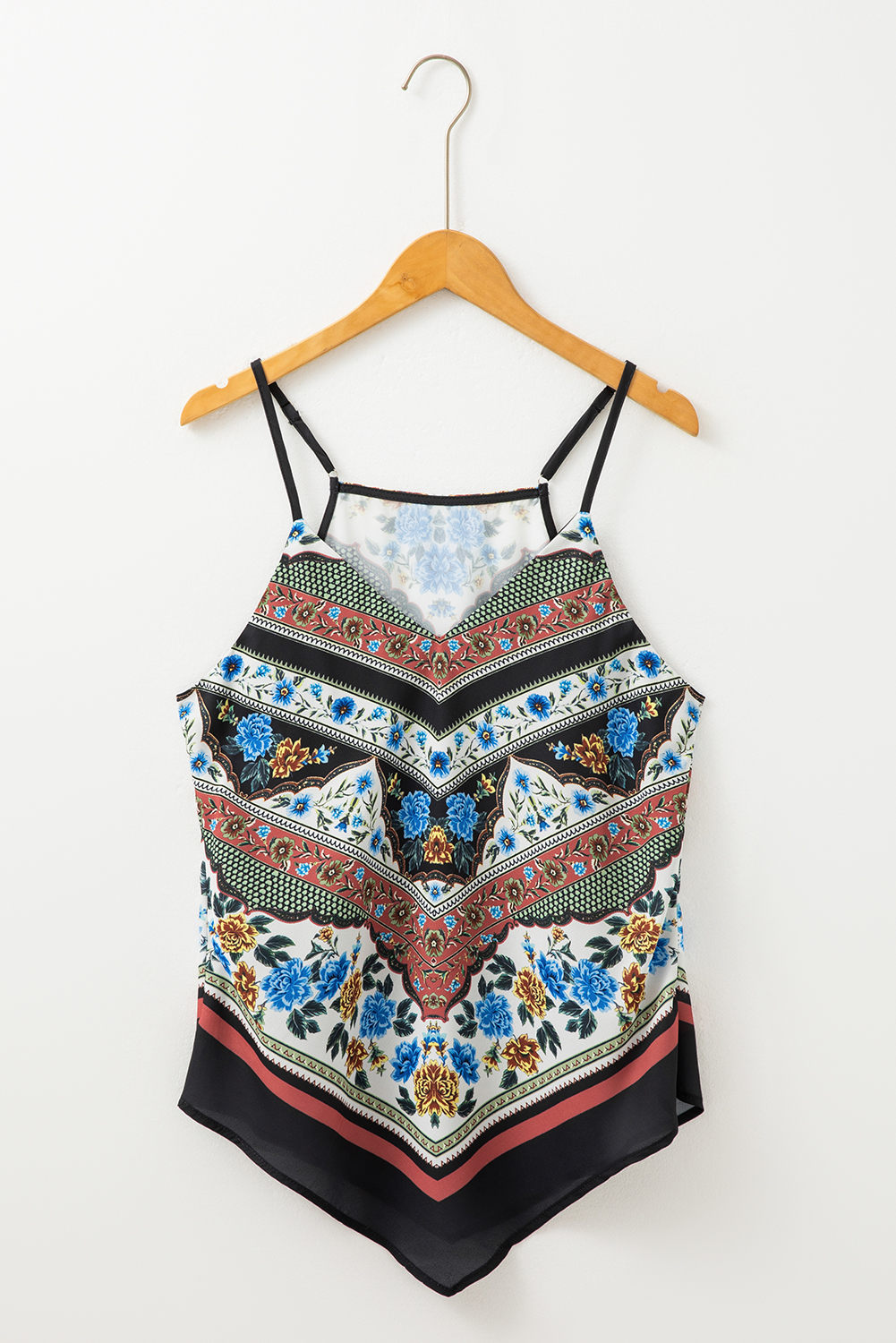 Red Mixed Floral Chevron Pattern Dip Hem Spaghetti Straps Tank - Image 7