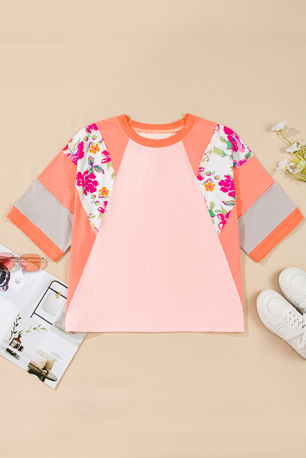 Orange Plus Size Floral Print Patchwork Raglan Half Sleeve Top - Image 8