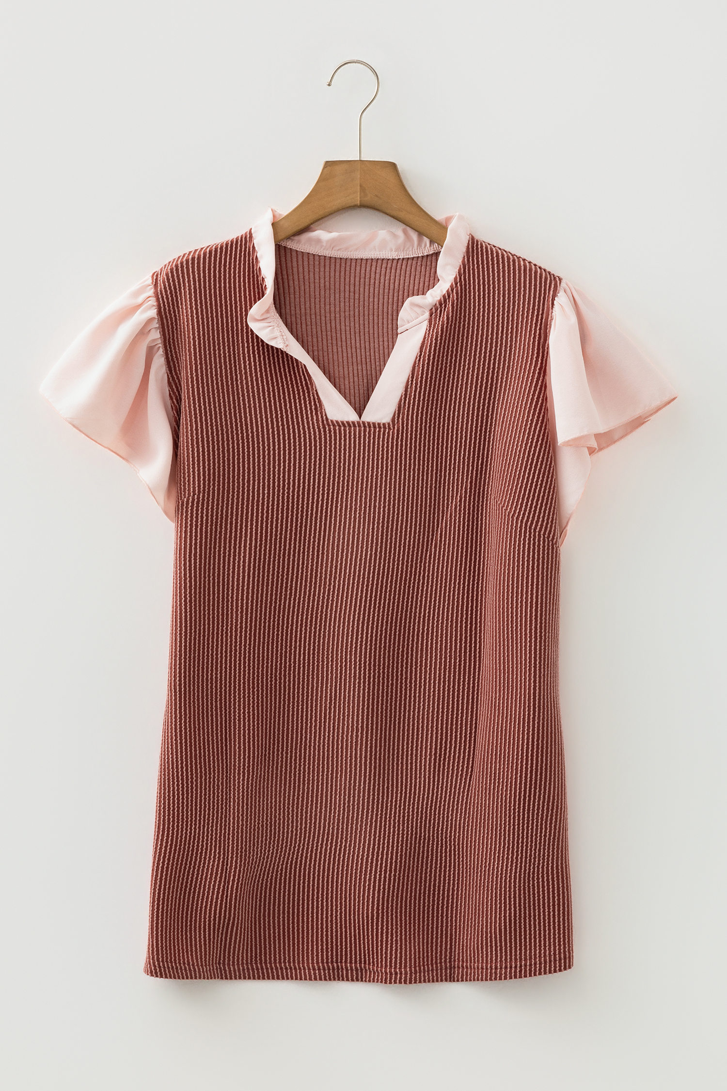 Fushia Plus Size Contrast Frilled Neckline Ruffled Short Sleeve Ribbed Textured Blouse - Image 15