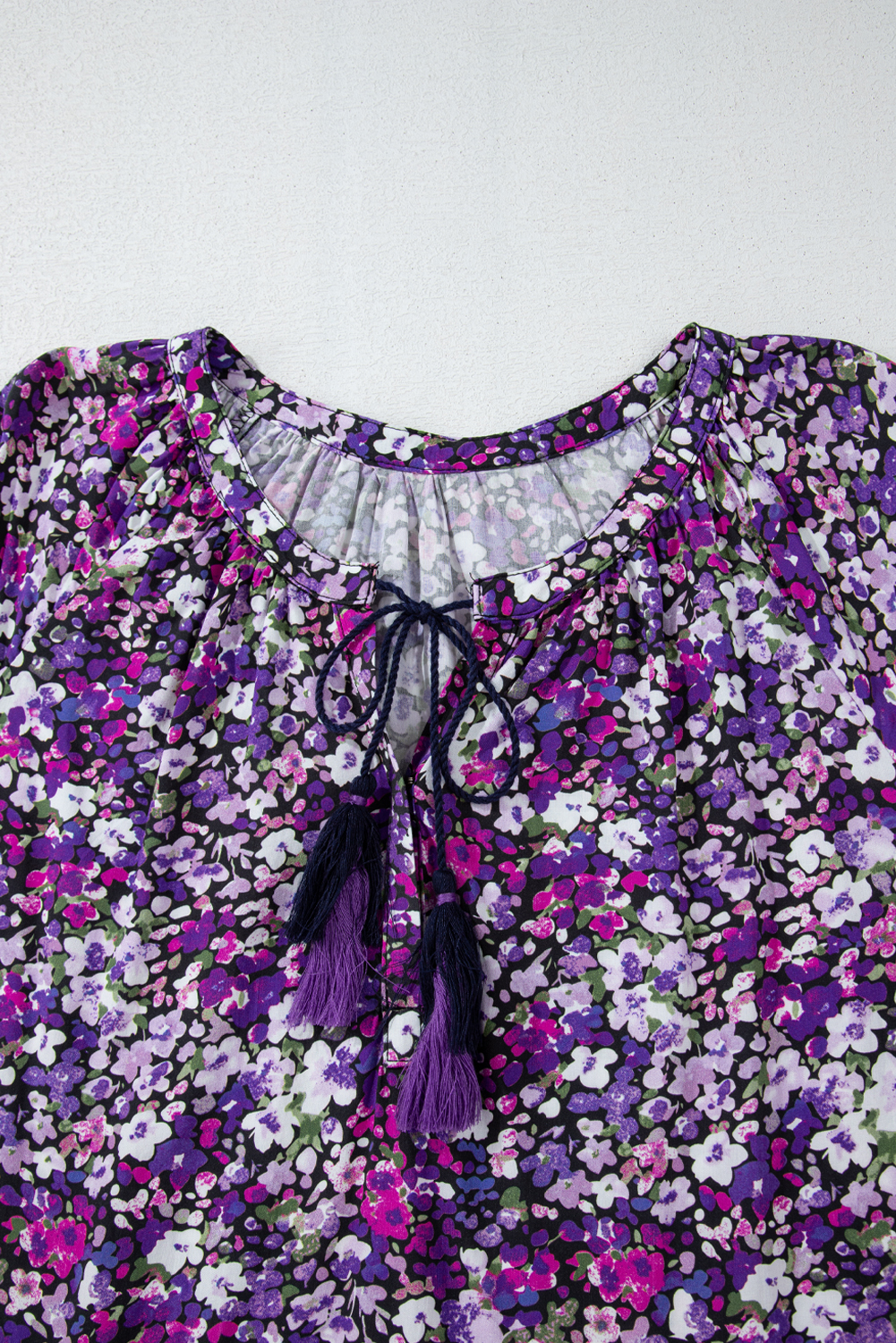 Purple Boho Flower Split V Neck Bubble Sleeve Blouse - Image 8