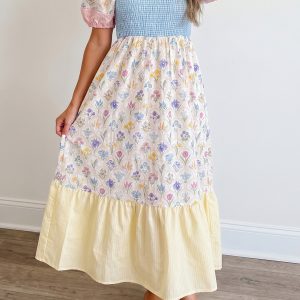 Multicolour Floral Print Striped Color Block Patchwork Square Neck Shirred Long Dress