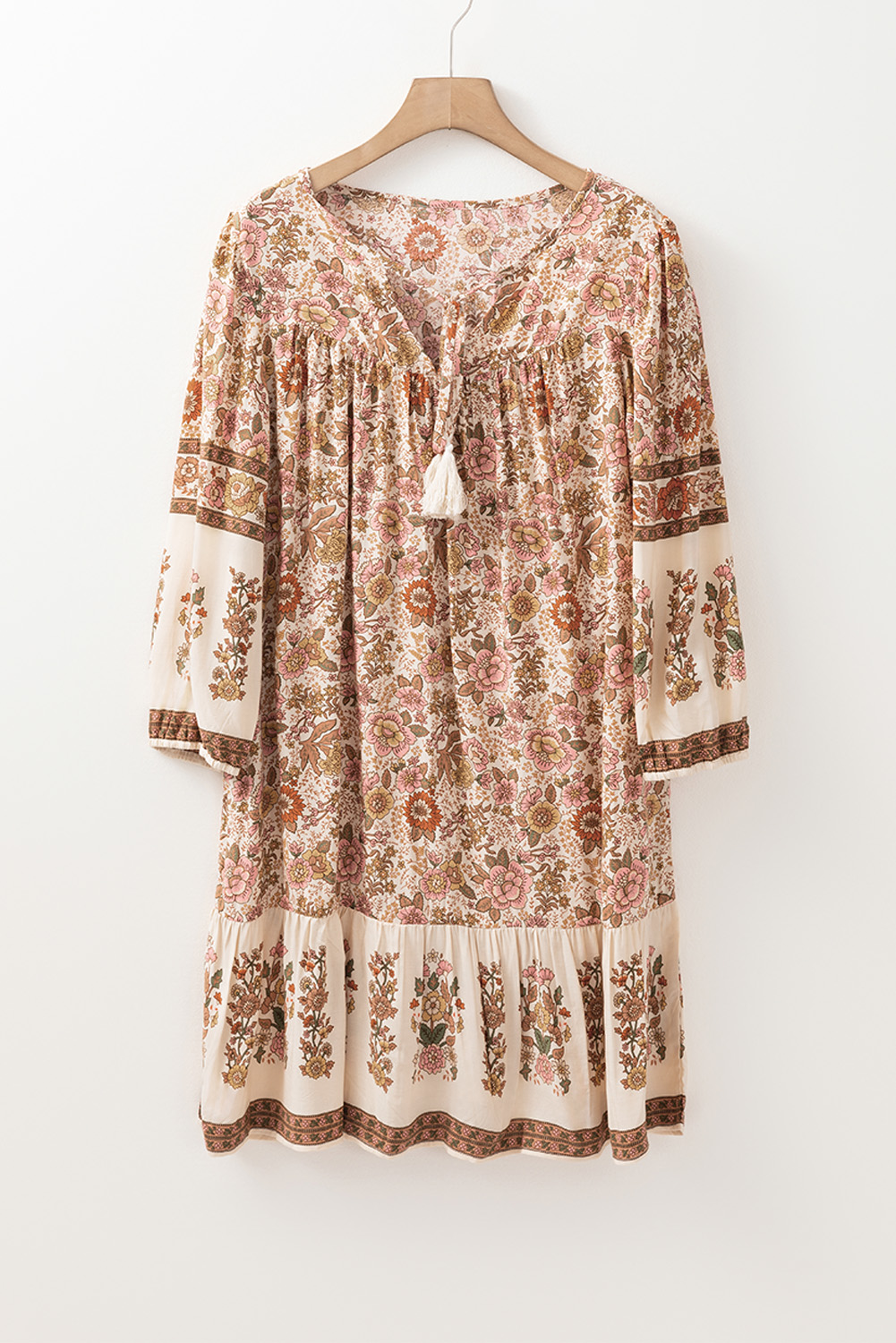 Apricot Floral Print Tassel Drawstring V Neck Loose Mini Dress - Image 4