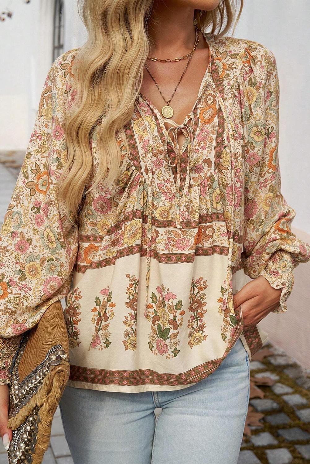 Yellow Floral Print Tie Neck Lantern Sleeve Blouse - Image 4