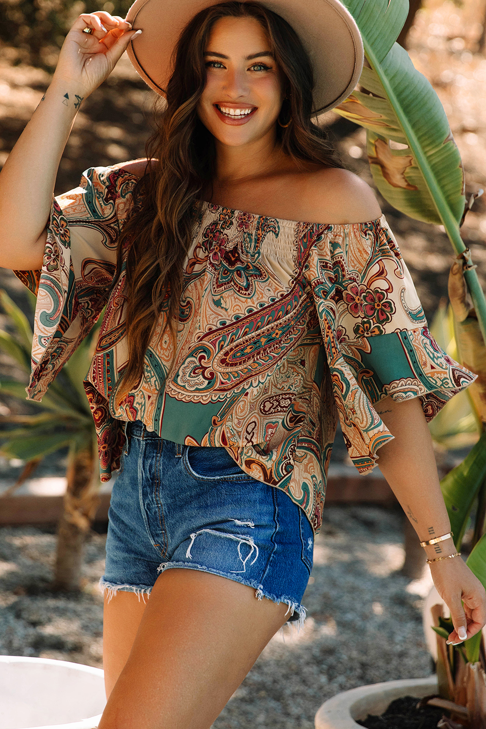 Apricot Paisley Printed Shirred Off Shoulder Ruffled Draped Sleeve Blouse - Image 4