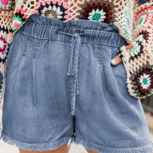Dusk Blue Raw Hem Lace-up High Waist Plus Size Denim Shorts