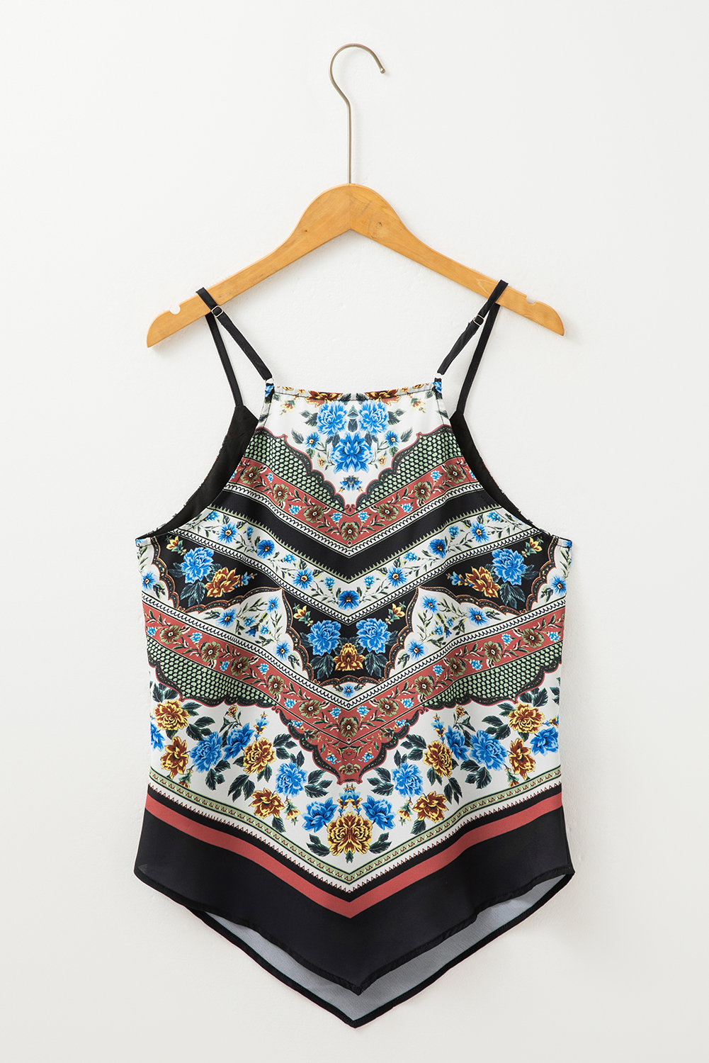 Red Mixed Floral Chevron Pattern Dip Hem Spaghetti Straps Tank - Image 8