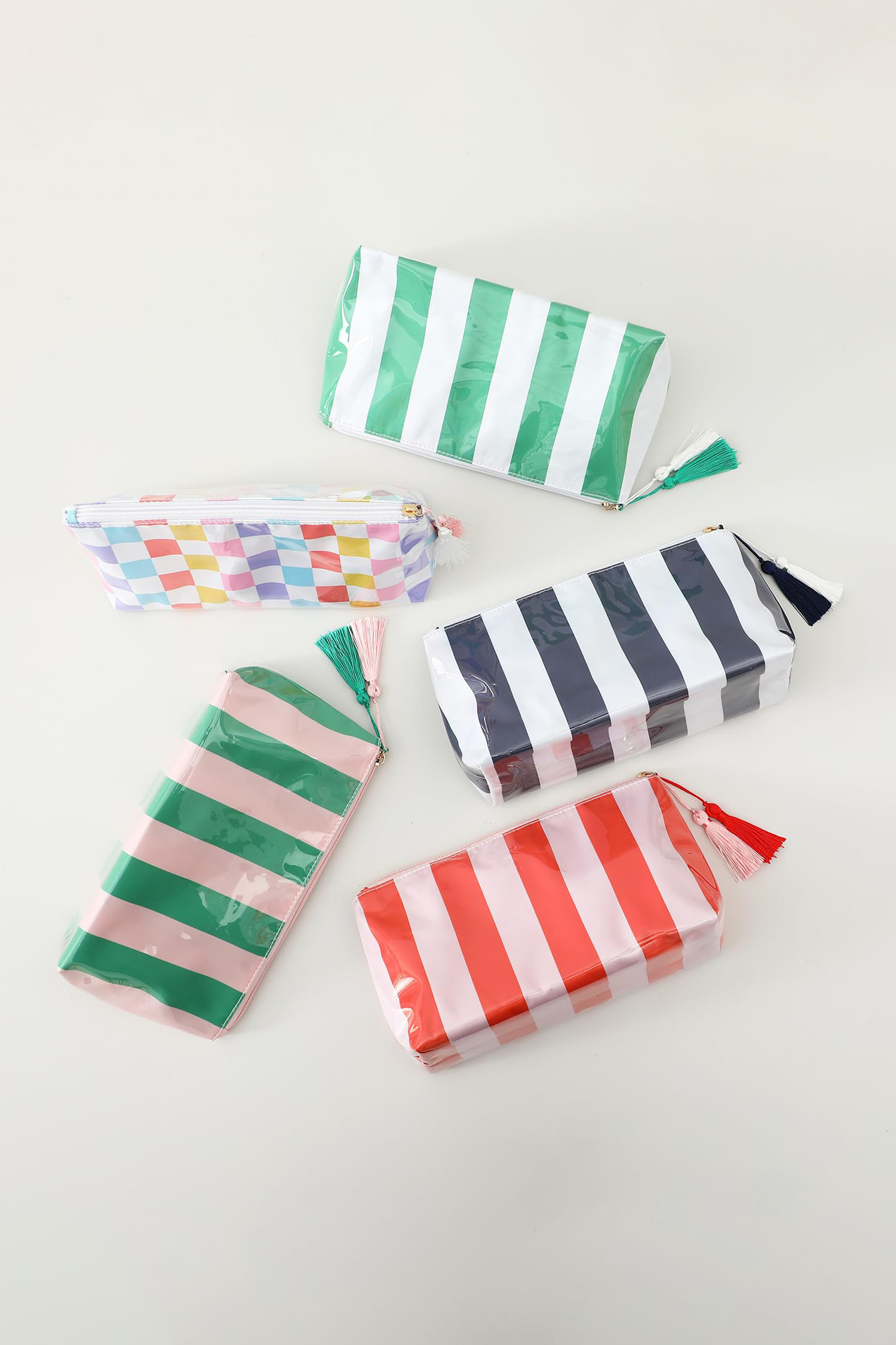 Dark Green Striped Vinyl Waterproof Tassel Zipper Makeup Bag - Image 6