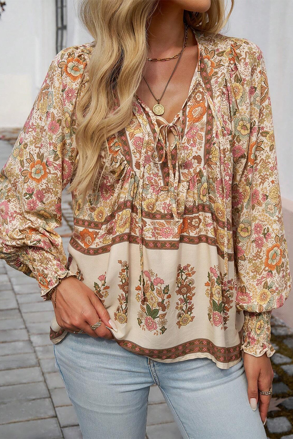 Yellow Floral Print Tie Neck Lantern Sleeve Blouse - Image 5