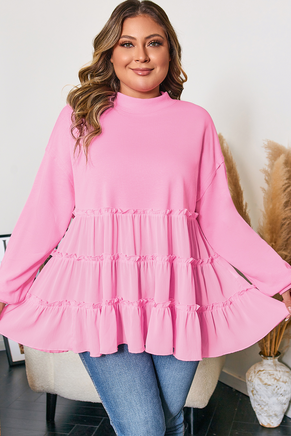Pink Tiered Ruffle Ribbed Crew Neck Pullover Plus Size Top - Image 3