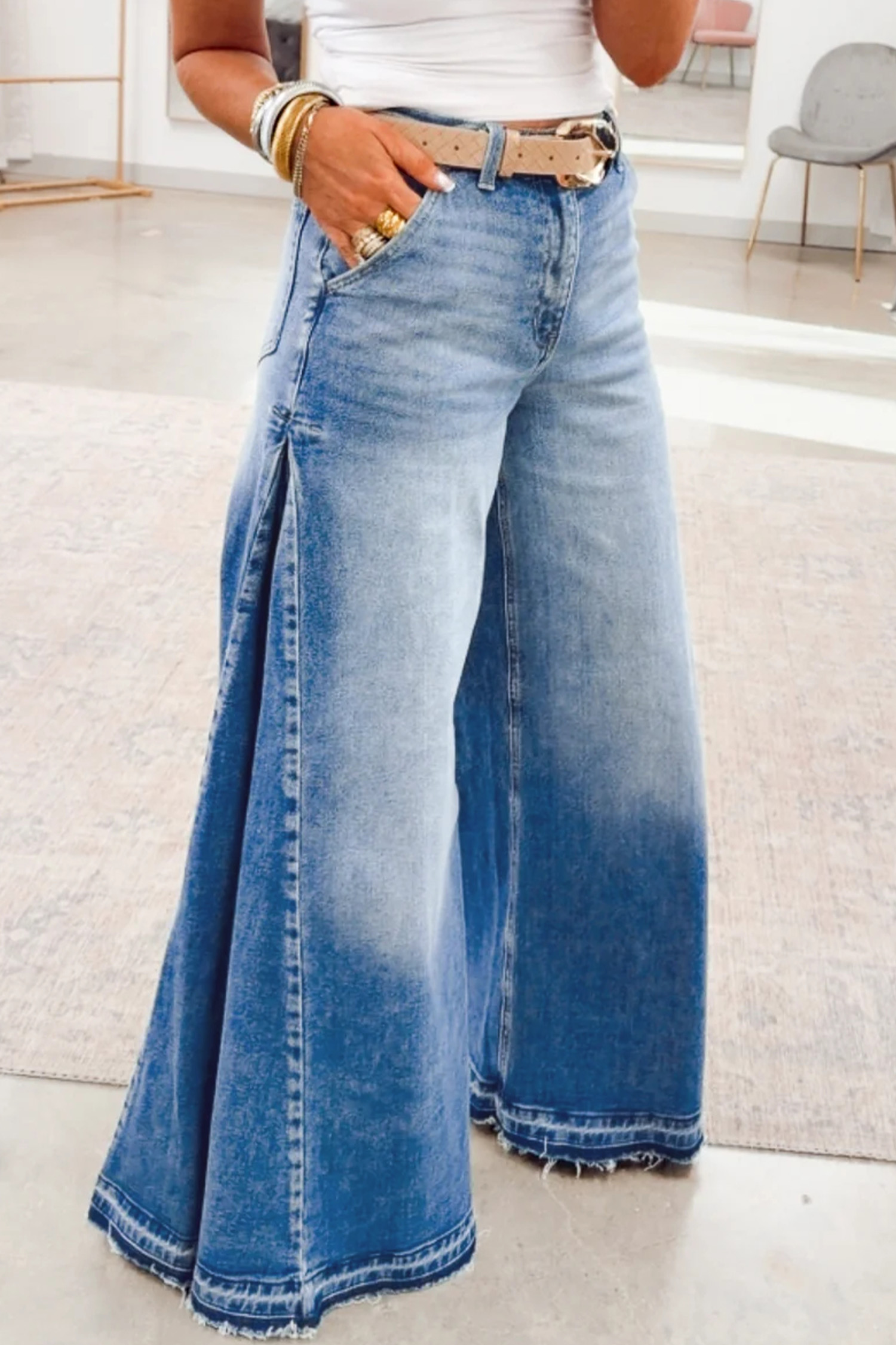 Myosotis Side Seam Gathering Flare Leg Jeans Casual Daily Full-length Denim Pants - Image 3