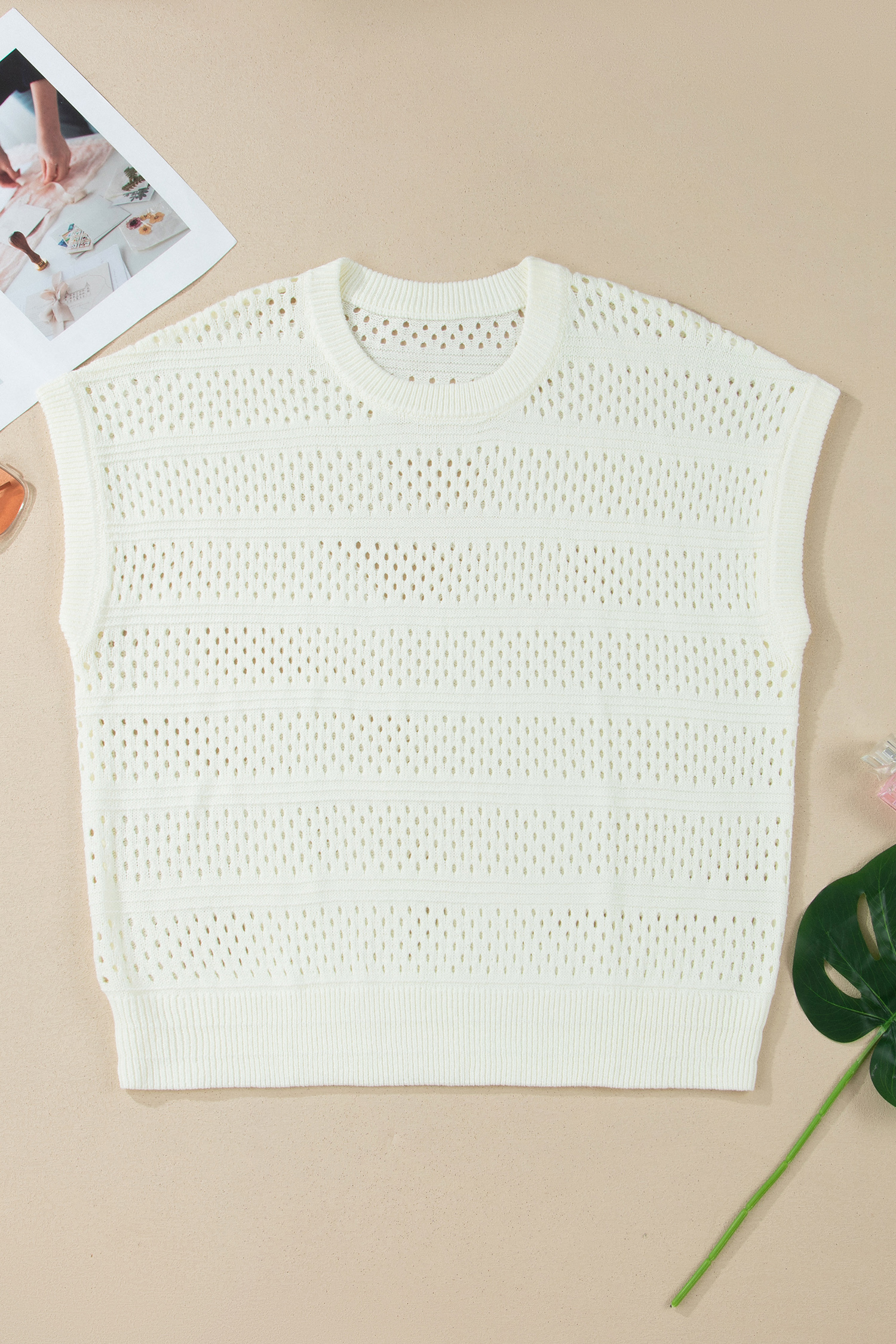 White Plus Size Eyelet Hollow Out Knit Ribbed Trim Short Sleeve Dolman Sweater - Image 2