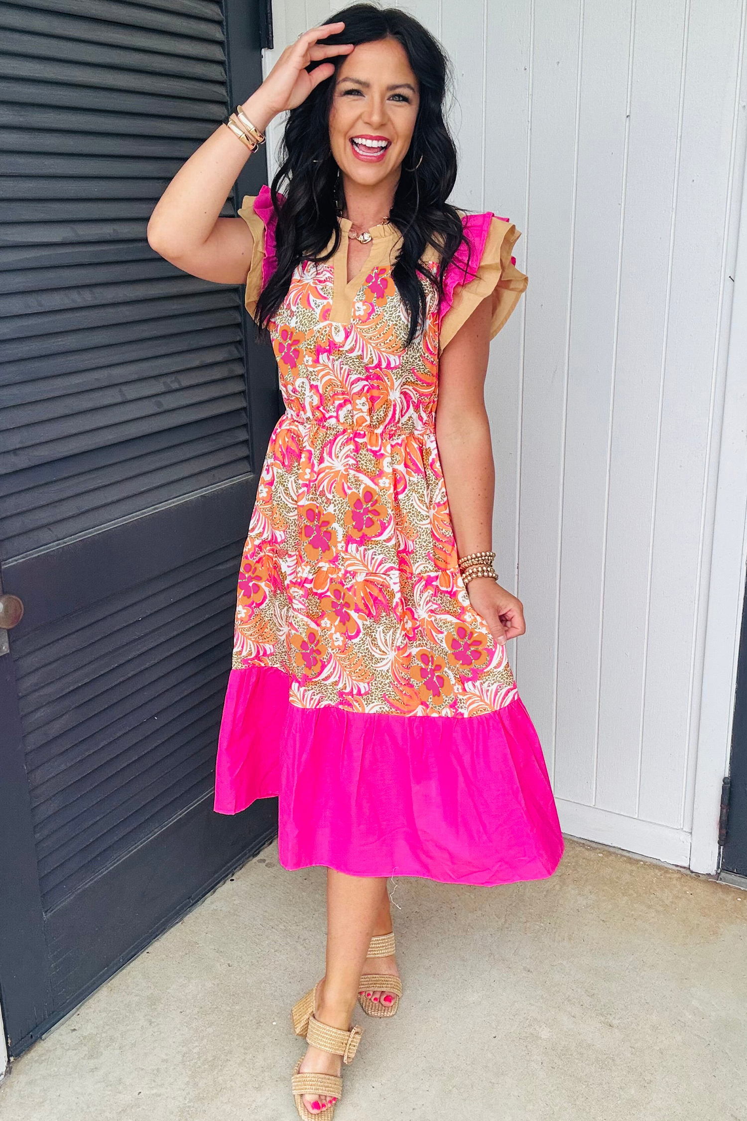 Rose Floral Print Color Block Ruffled Short Sleeve Flared Midi Dress - Image 3