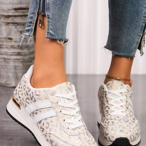 White Leopard Print Lace-Up Low-Top Sneakers with Rubber Sole