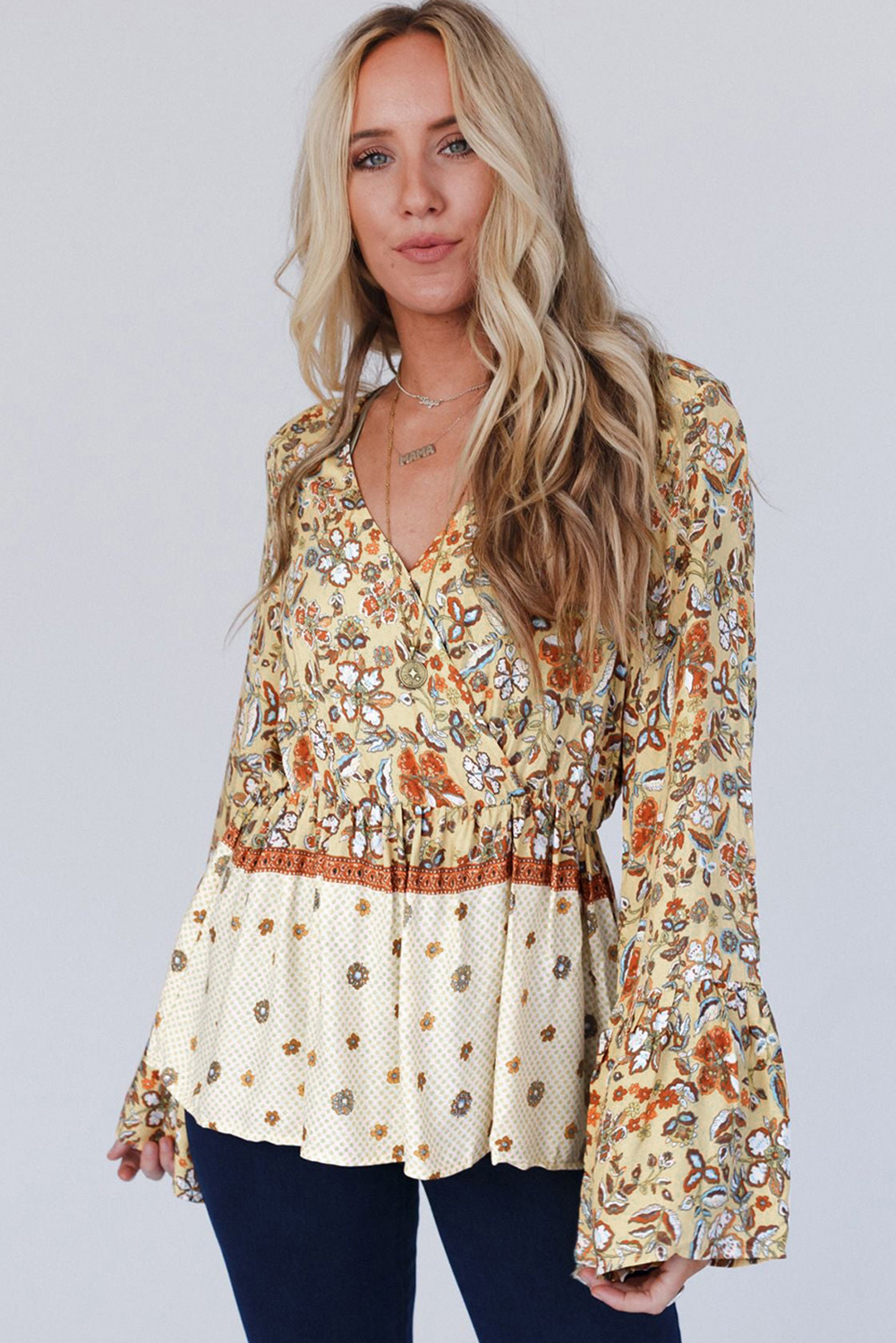 Yellow Printed Floral Bell Sleeve V Neck Wrapped Contrast Peplum Blouse - Image 4