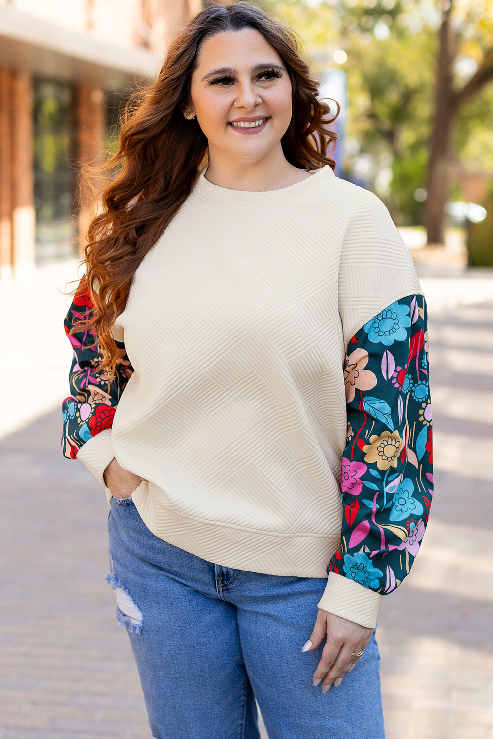 White Floral Patchwork Sleeve Textured Plus Size Pullover Top - Image 6