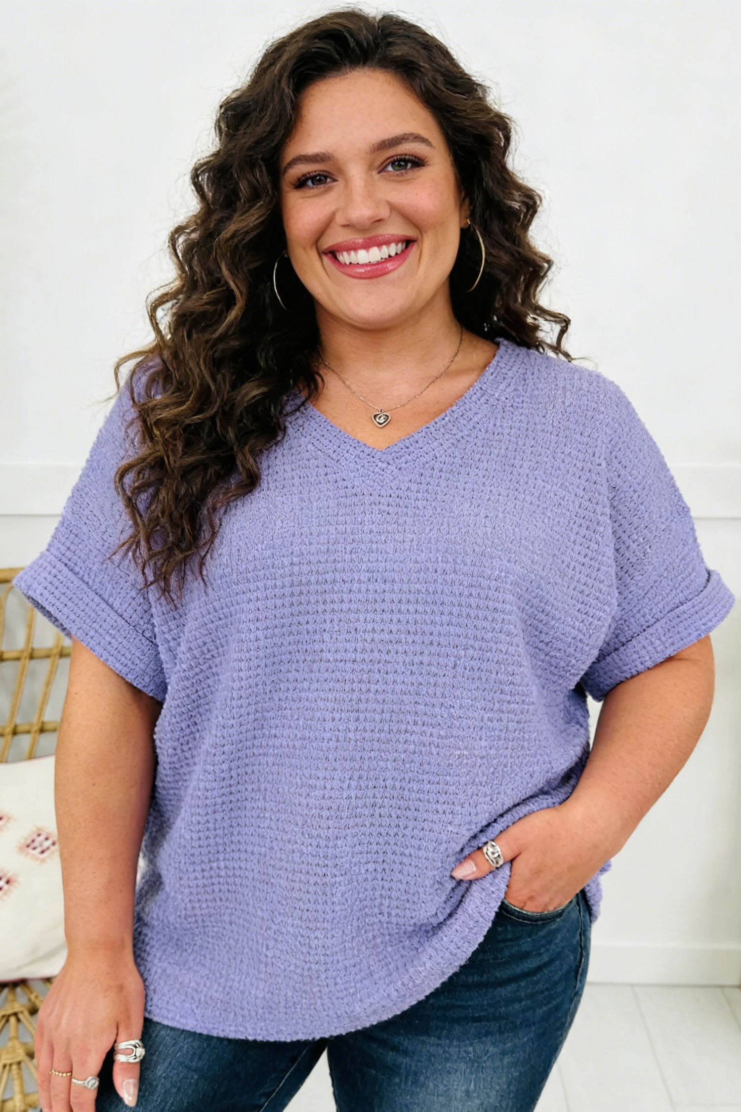 Wisteria V Neck Short Sleeve Plus Size Waffle Knit Top - Image 2