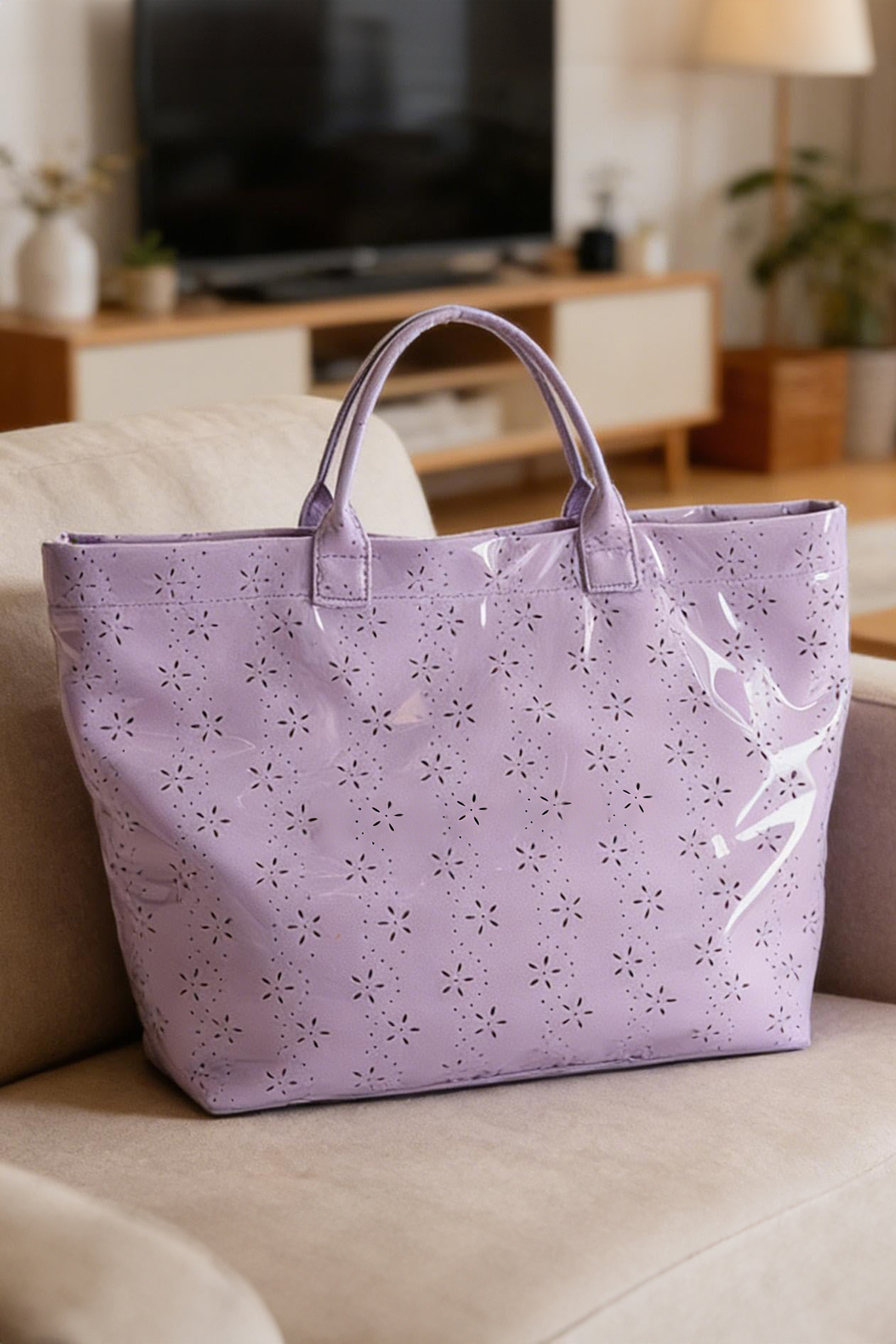 Orchid Eyelet Flower Pattern PVC Glossy Waterproof Tote Bag - Image 2