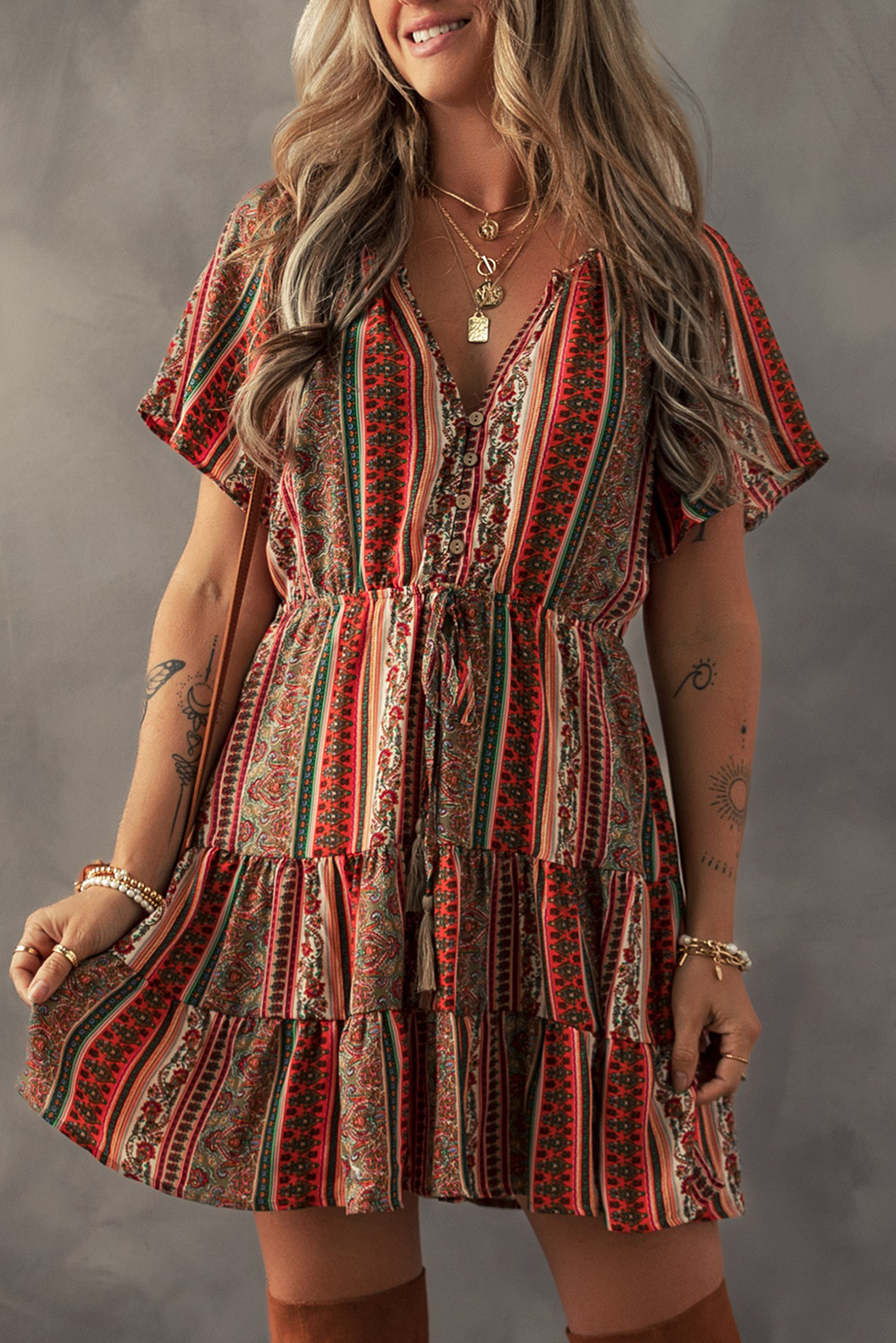Red Bohemian Floral Print Buttoned V Neck Ruffle Tiered Dress - Image 3