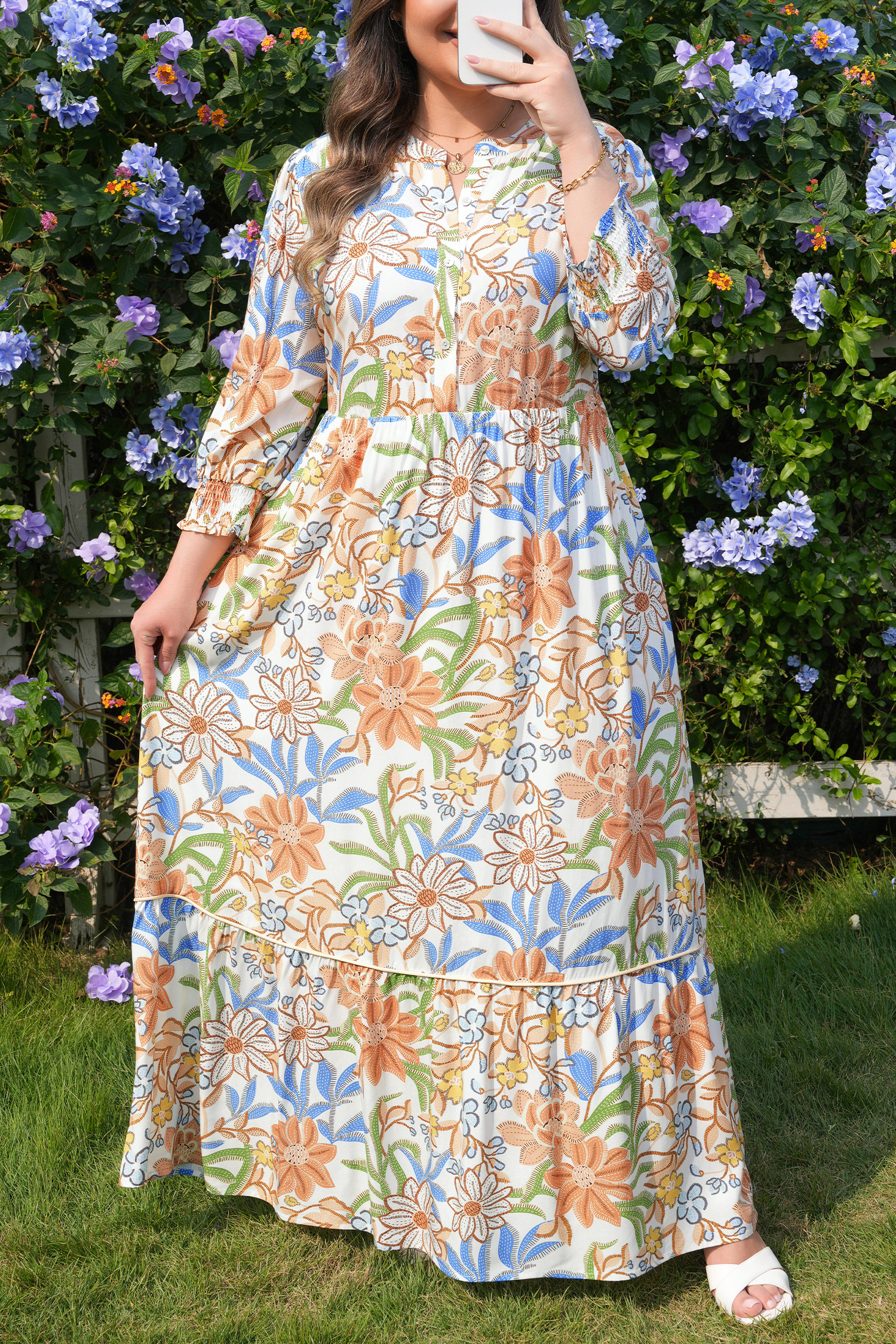 Khaki Floral Print 3/4 Sleeves Tiered Plus Size Long Dress - Image 7