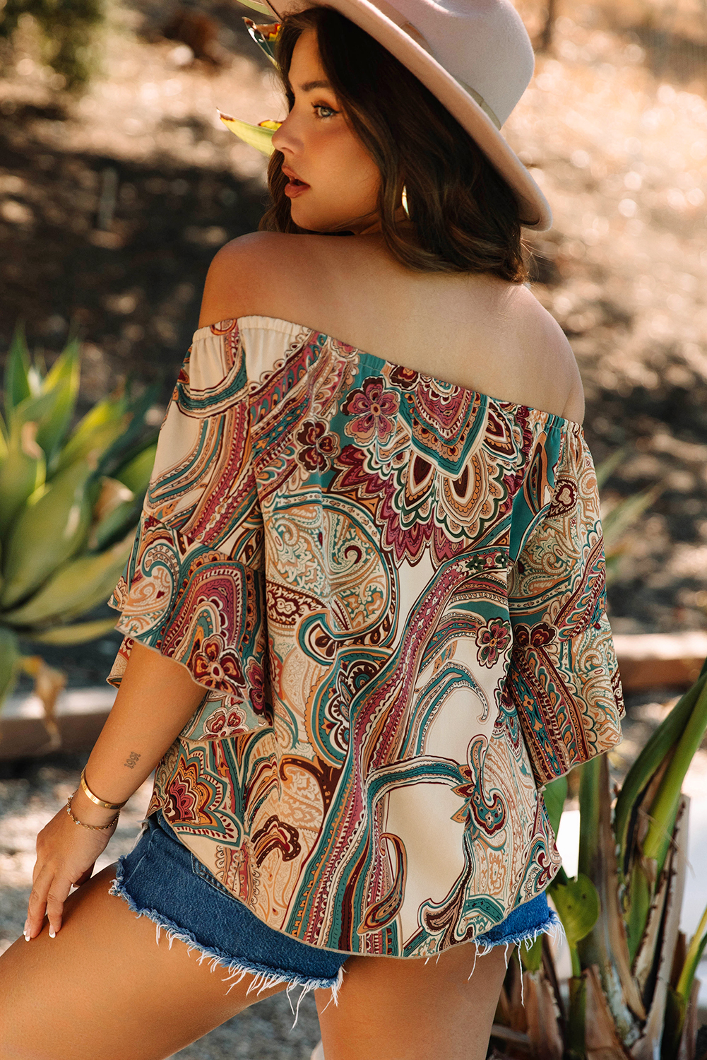 Apricot Paisley Printed Shirred Off Shoulder Ruffled Draped Sleeve Blouse - Image 2