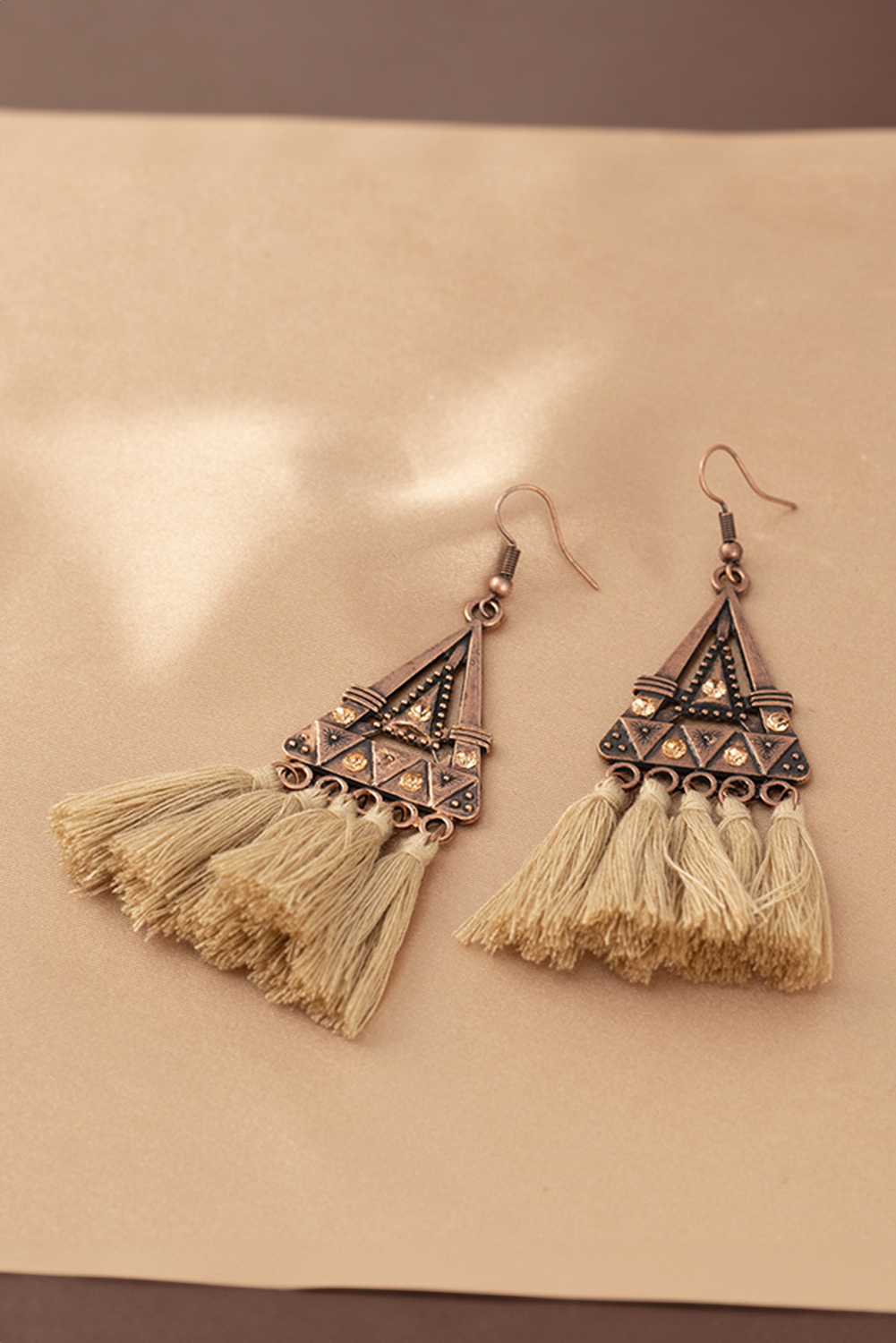 Brown Boho Triangle Metal Tasseled Earrings - Image 2