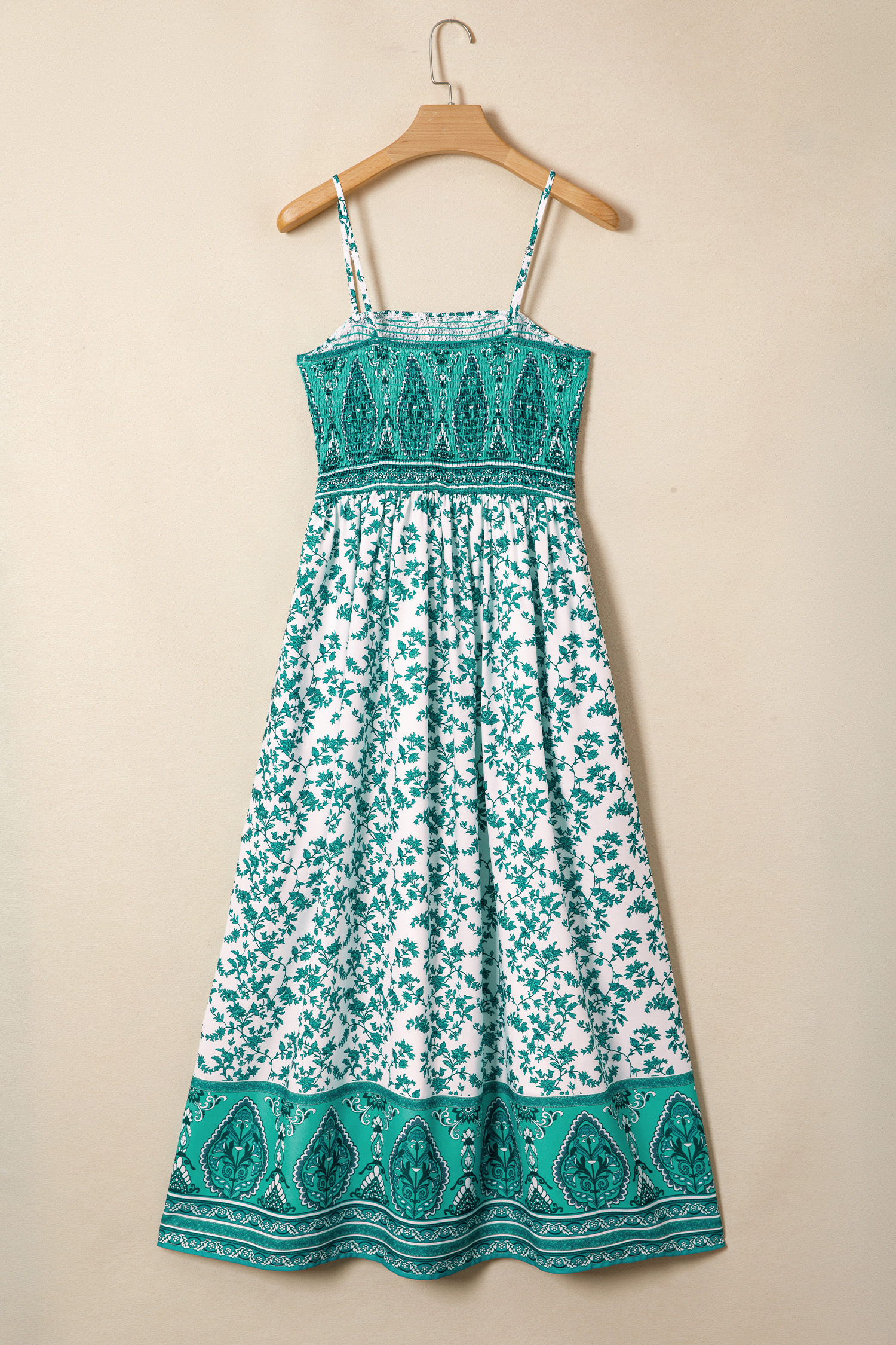 Green Boho Floral Print Shirred Cami Maxi Dress - Image 5