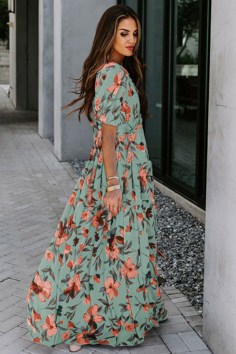 Sky Blue Fiery Floral Print Frilled V Neck Short Sleeve Maxi Dress - Image 8