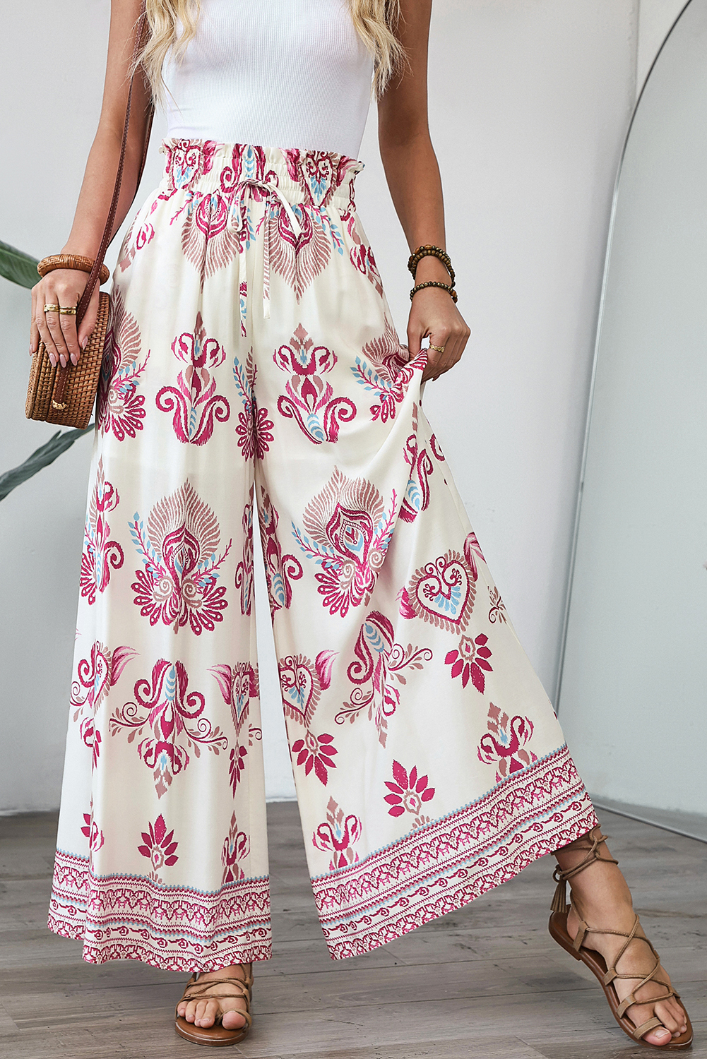 Rose Boho Printed Shirred High Waist Flowy Wide Leg Pants - Image 4