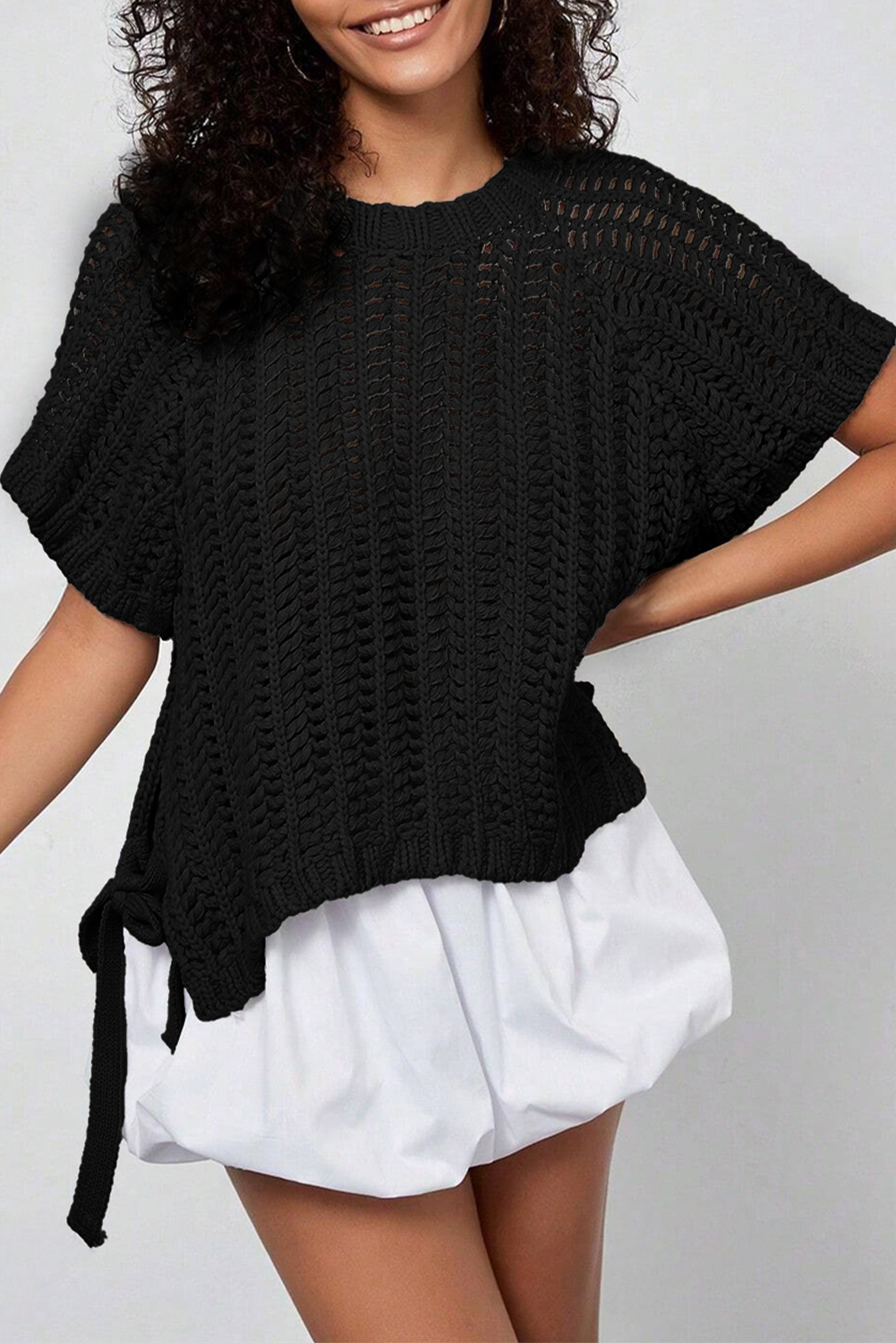 Ashleigh Blue Plus Size Open Knit Bow Tie Short Sleeve Sweater - Image 13