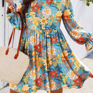 Blue Plus Size Floral Ruffled Long Sleeve Flowy Mini Dress