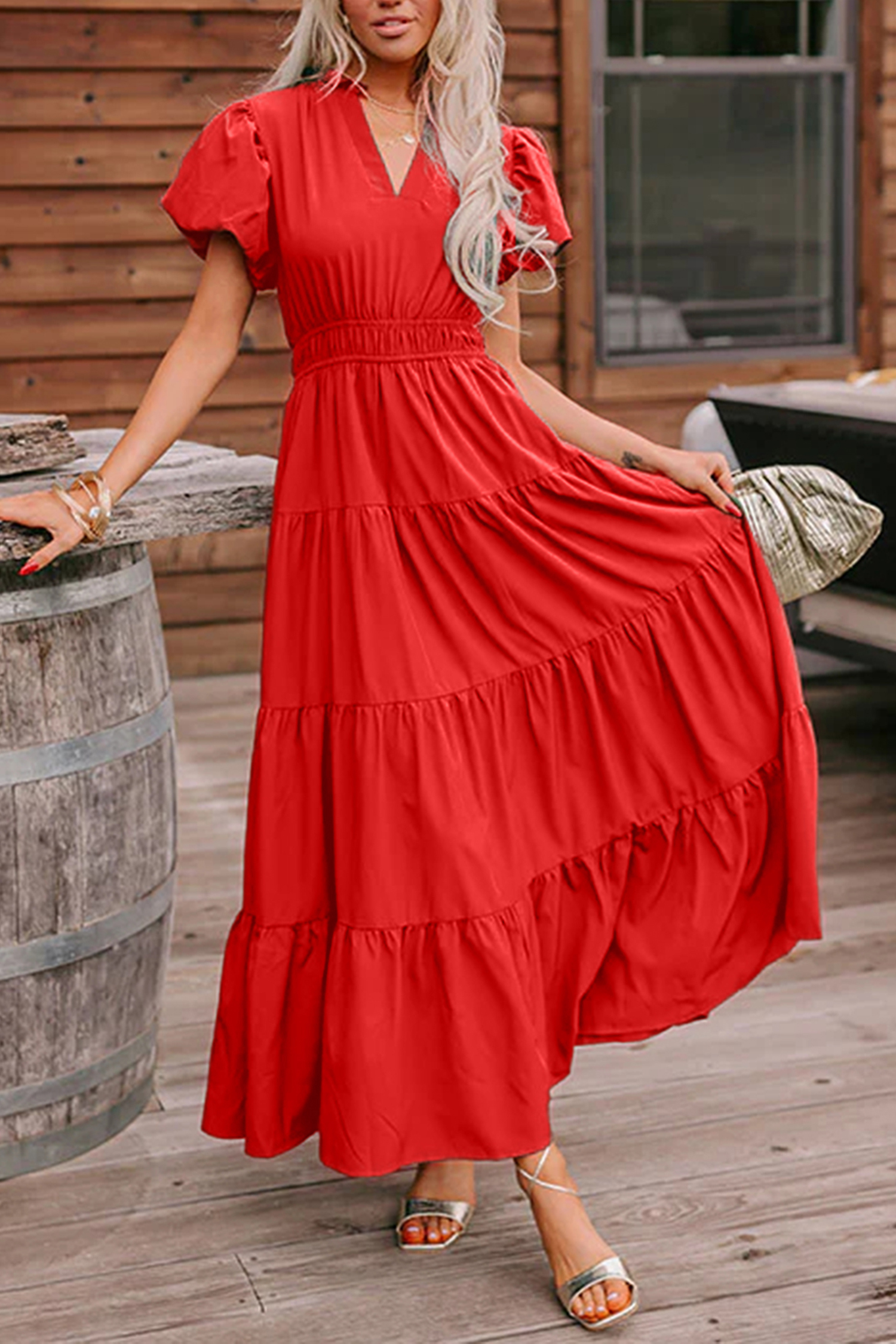 Gossamer Pink Solid Color V Neck Short Puff Sleeve High Waist Tiered Maxi Dress - Image 10