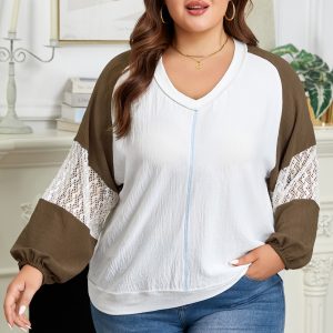 Green Colorblock Lace Patchwork Balloon Sleeve V Neck Plus Size Blouse