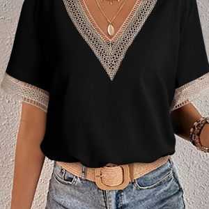 Black Lace Trim V Neck Short Sleeve Blouse