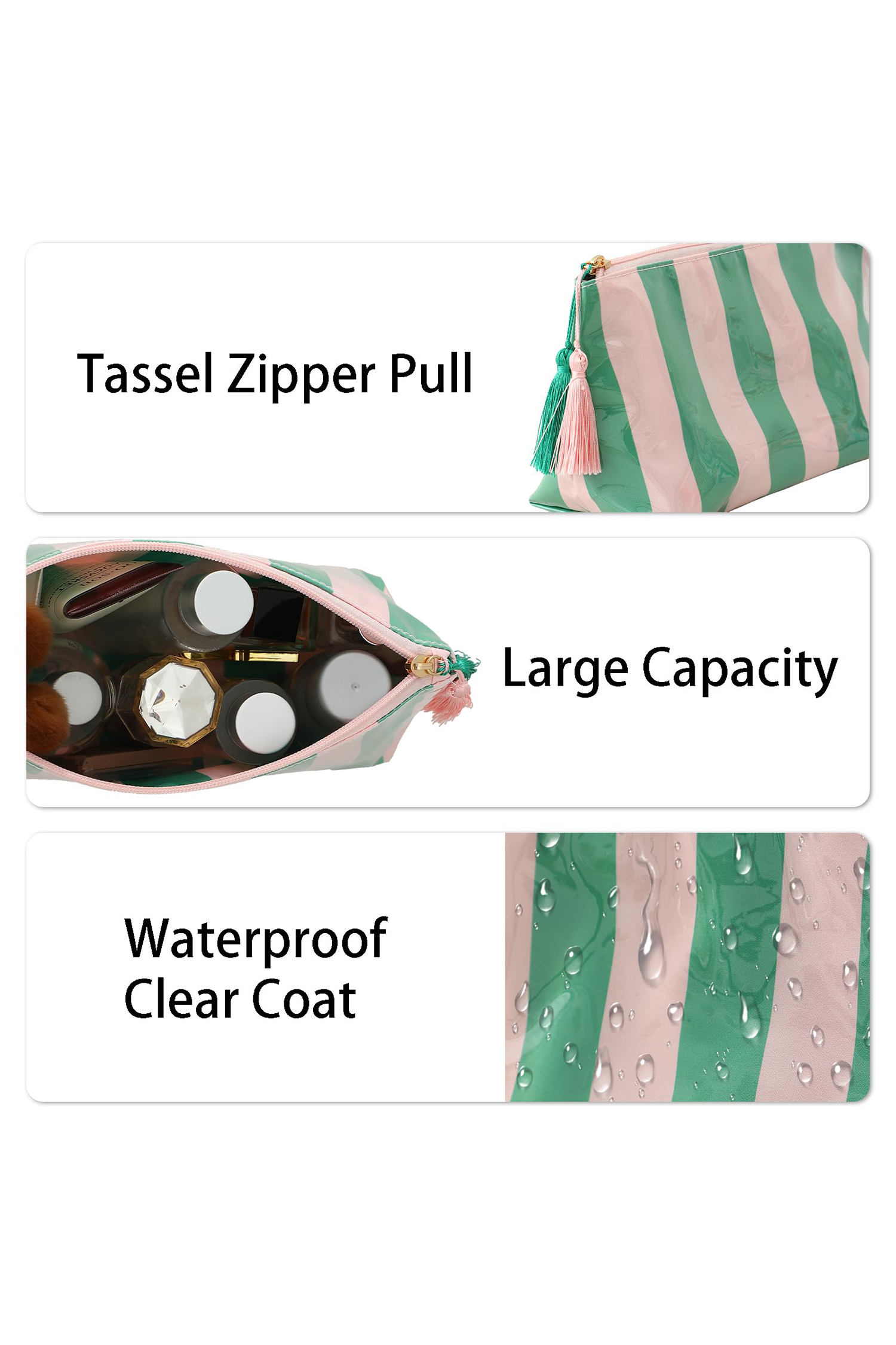Dark Green Striped Vinyl Waterproof Tassel Zipper Makeup Bag - Image 5