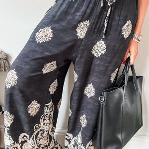 Black Bohemian Printed Drawstring Elastic Waistband Wide Leg Pants
