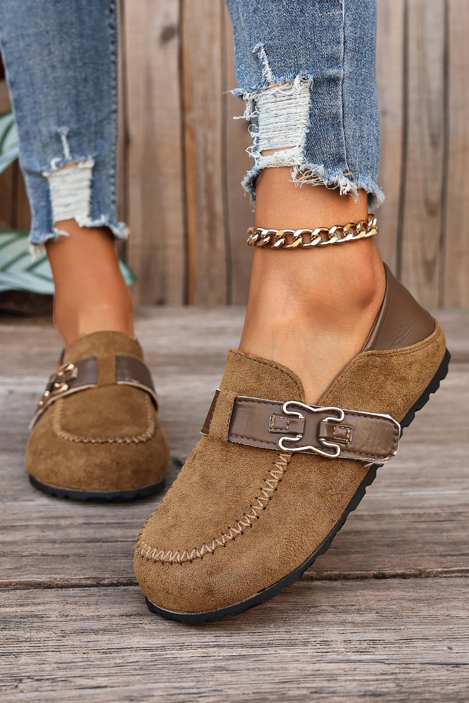 Khaki Faux Suede PU Leather Patchwork Retro Buckle Slip On Shoes - Image 2