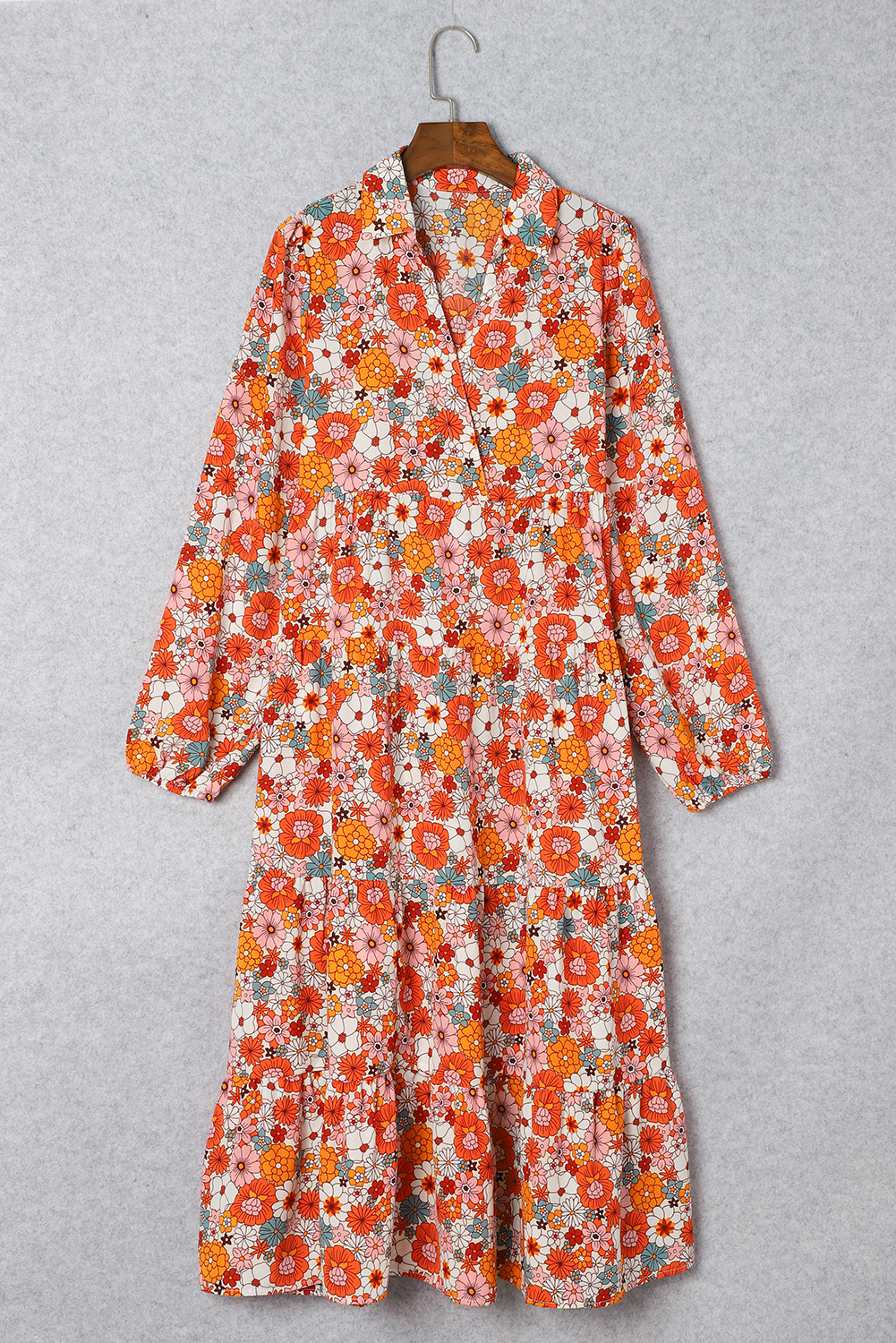 Multicolor Boho Floral Collared Long Sleeve Ruffled Dress - Image 8