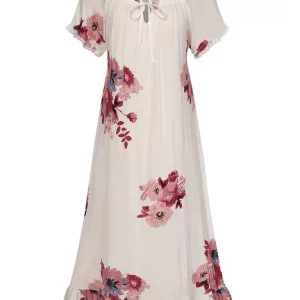 Beige Floral Square Collar Ruffle Nightgown