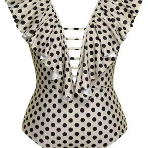 Beige Polka Dot Ruffle One-Piece Swimsuit