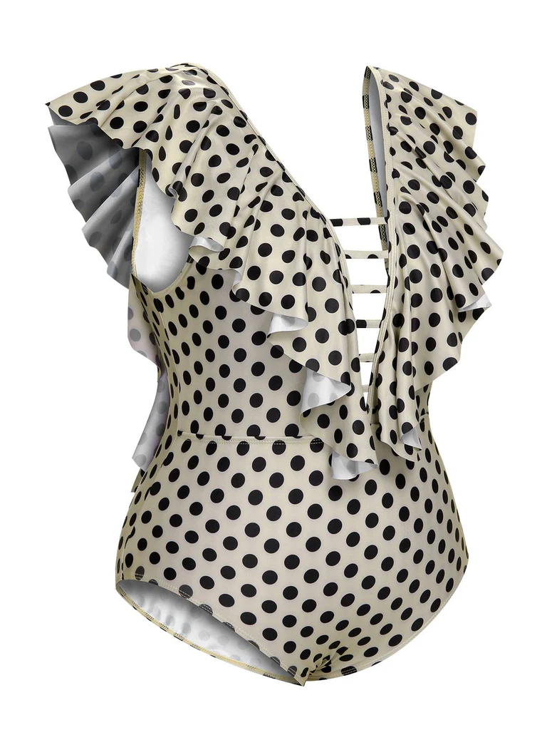 Beige Polka Dot Ruffle One-Piece Swimsuit - Image 5